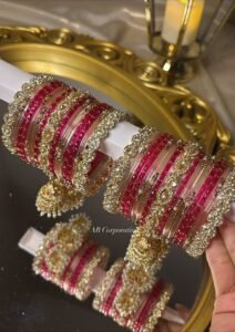 KASHMIRI STYLE JEWELLERY ✨ exquisite fuchsia & gold kundan bangle set with jhumka charms ✨